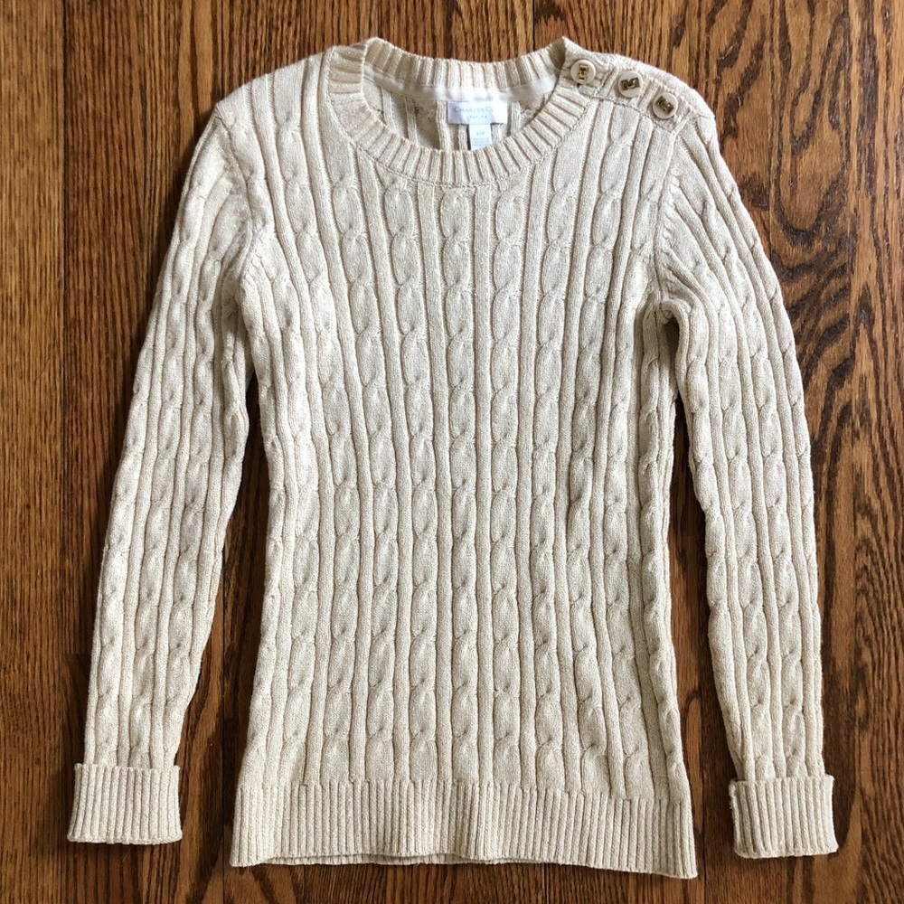 90s Vintage Charter Club Metallic Thread Cable Knit Sweater Ecru Size Small - Picture 2 of 11